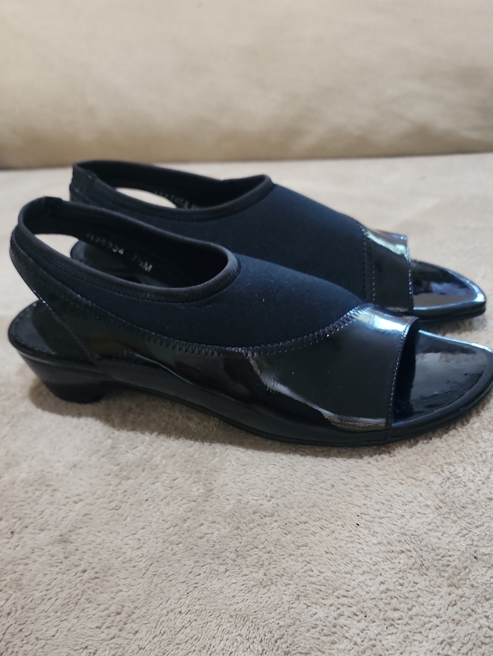 Ros Hommerson peep-toe slingback wedge sandals featuring a black stretch fabric